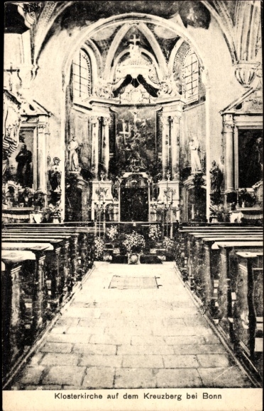 Postcard Bonn am Rhein, monastery church, interior view, altar, religious statues, cross