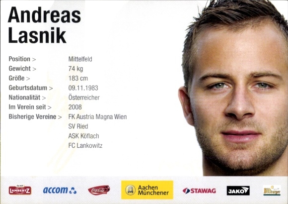 Handtekeningkaart voetballer Andreas Lasnik, Alemannia Aachen, handtekening