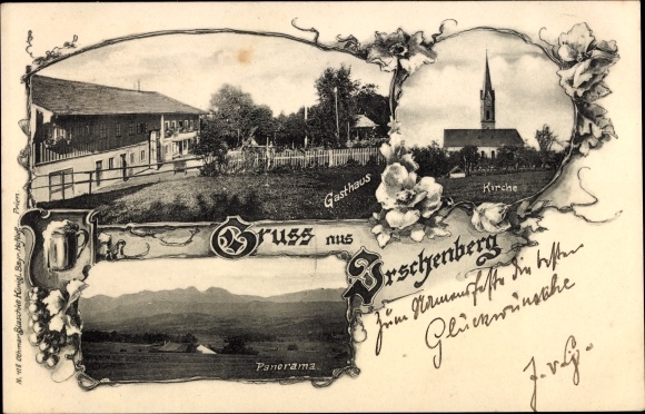 Postcard Irschenberg in Upper Bavaria, inn, church, panorama