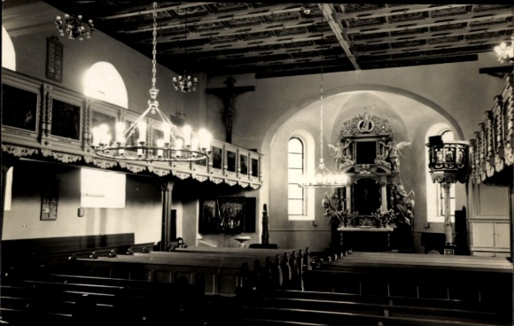 Postcard Crottendorf in the Ore Mountains, church interior, wooden ceiling, candlesticks, altar, benches