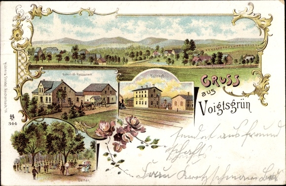 Chromo-Litho Voigtsgrün Hirschfeld in Saxony, panorama, inn, train station