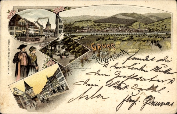 Litho Gengenbach im Schwarzwald, Gesamtansicht, Schwarzwälder Tracht