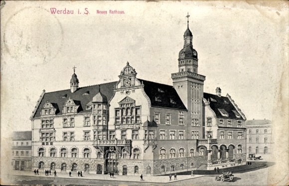 Postcard Werdau in Saxony, New Town Hall, Architecture, Black and White Image
