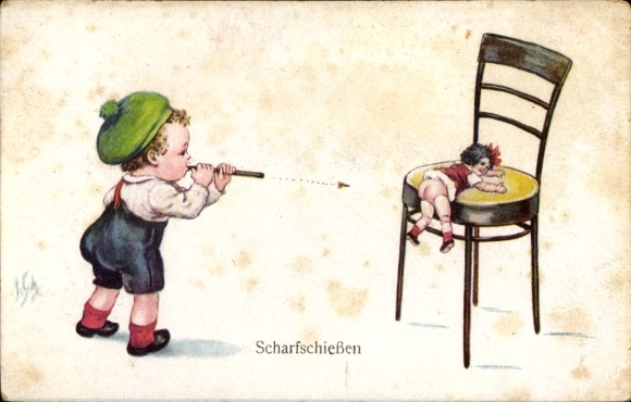 Artist Postcard Scheuermann, W., Sharpshooting, Child shoots at a doll