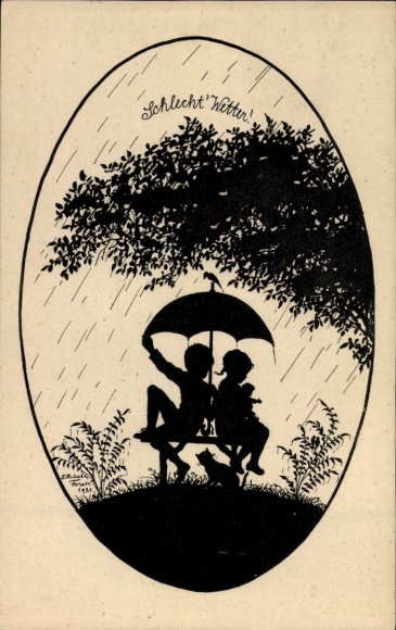 Paper cutting artist Postcard Forck, E., Bad weather, children under an umbrella