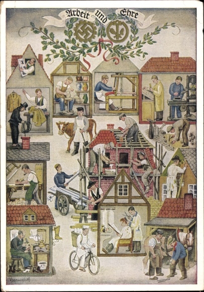 Künstler Ak Reichshandwerkertag 1936, Arbeit und Ehre, Friseur, Bäcker, Töpfer, Schornsteinfeger