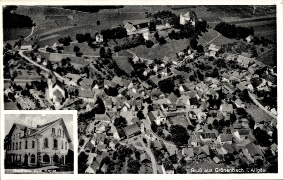 Postcard Bad Grönenbach im Allgäu, aerial photograph, Gasthaus zum Kreuz