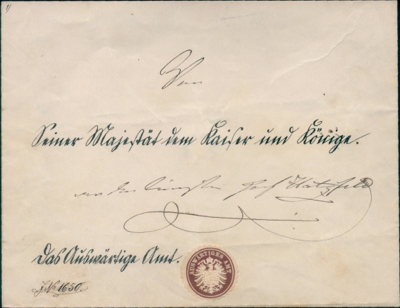 Sparkuvertierter Brief des Auswärtigen Amtes, Siegelmarke Kaiser Wilhelm I.,