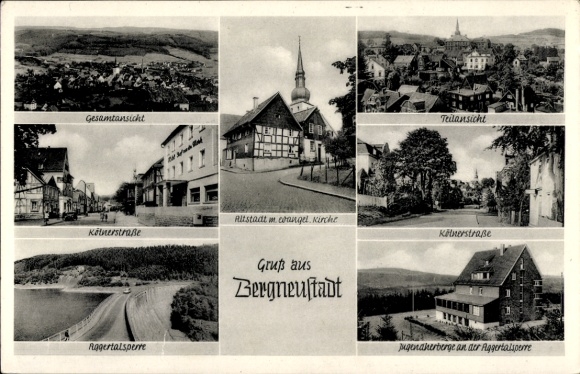 Ak Bergneustadt im Bergischen Land, Gesamtansicht, Teilansicht, Altstadt mit Kirche, Kötnerstr...