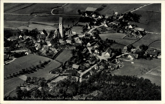 Postcard Kirchhaslach in Schwaben, aerial photograph