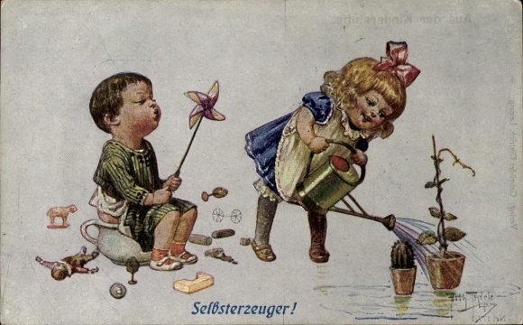 Kunstenaar Ak Thiele, Arthur, zelfproducent, meisje met gieter, jongen met windmolen