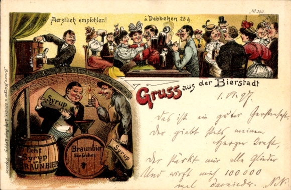 Chromo-Litho Greetings from the beer city, brown beer, pub scene