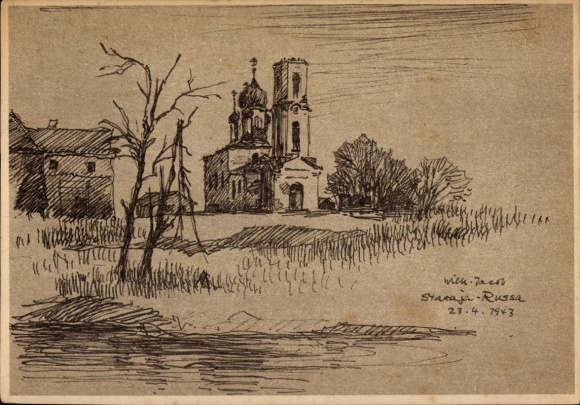 Künstler Ak Kampfraum schleswig-holst. Infanterie Div., Staraja Russa, Preobraschenskij Kloster 1943