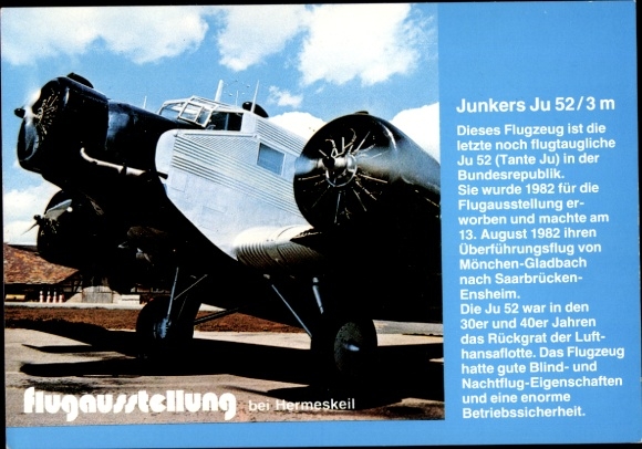 Postcard airplane Junkers Ju 52/3m, Tante Ju, flight exhibition at Hermeskeil, owner Leo Junior