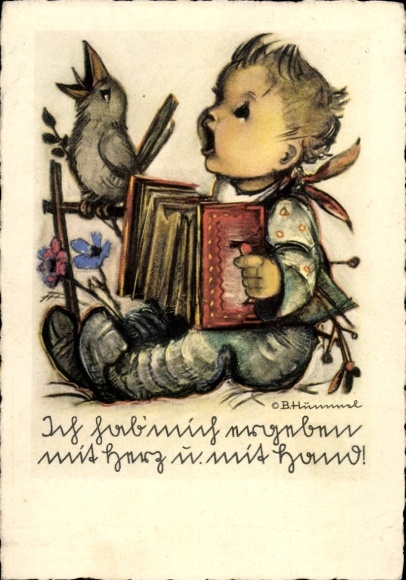 Künstler Ak Hummel, Berta, Junge mit Akkordeon, Vogel