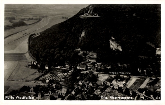 Postcard Porta Westfalica on the Weser, aerial view of Pension Friedenstal, landscape, river