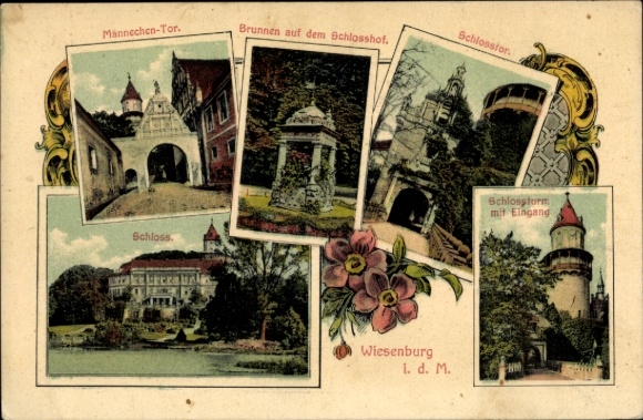 Ak Wiesenburg in der Mark, kasteel, kasteeltoren, fontein, kasteelbinnenplaats