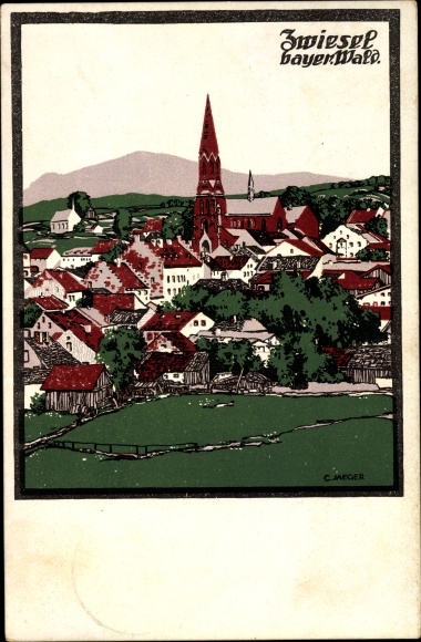 Künstler Ak Jaeger, C., Zwiesel im Bayerischen Wald, Blick auf Stadt und Kirche