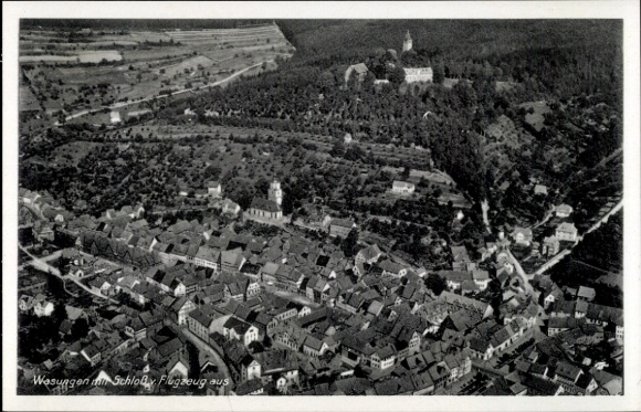 Postcard Wasungen in the Thuringian Forest, aerial photograph of the town with castle
