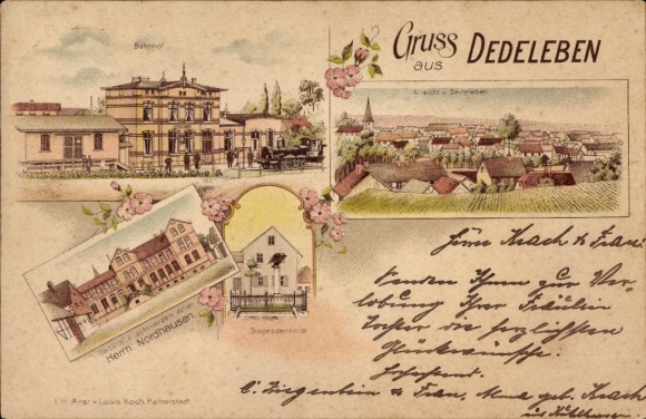Chromo-Litho Dedeleben Huy im Harz, train station, Gasthof Herm. Nordhausen, war memorial, panorama