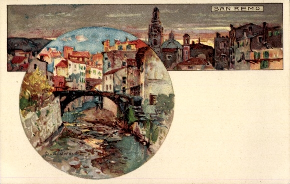 Artist Chromo-Litho Wielandt, Manuel, San Remo Liguria, city panorama at dusk, bridge