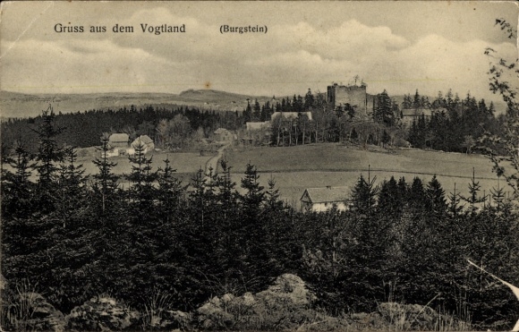 Postcard Burgstein Weischlitz in Vogtland, Greetings from Vogtland, Landscape with trees and castle