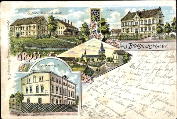 Chromo-Litho Braunichswalde in Thuringia, school, cigar factory, inn