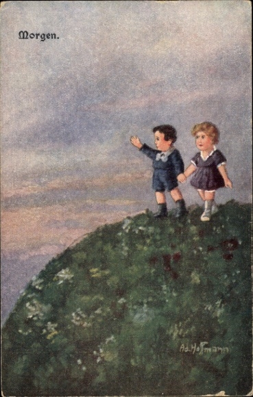 Artist Postcard Hoffmann, Ad., Morning, Allegory, Children on a Meadow