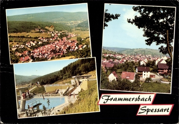 Ak Frammersbach im Spessart Unterfranken, Freibad, Blick auf den Ort