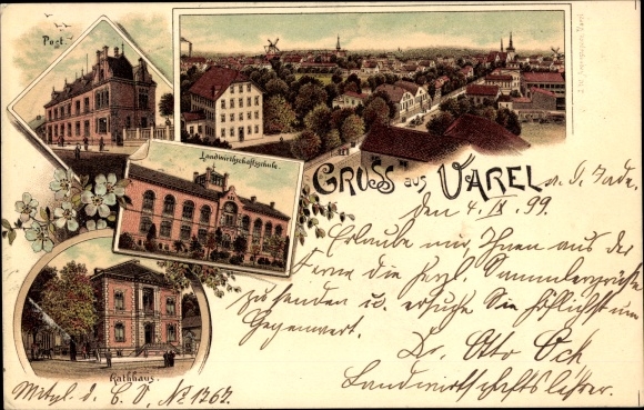 Litho Varel am Jadebusen, Post, Landwirtschaftsschule, Rathaus