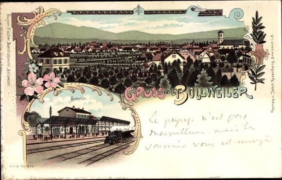 Chromo-Litho Bollwiller Bollweiler Alsace Haut Rhin, railway station, platform side, view of the town