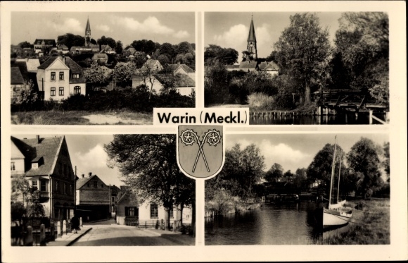 Coat of arms Postcard Warin in Mecklenburg, general view, street area, water area