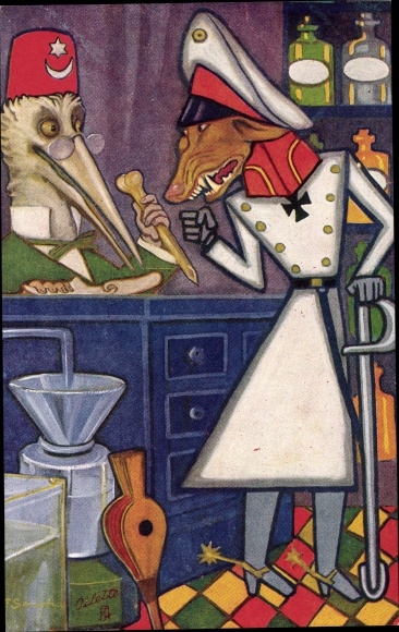 Artist Postcard De Wolf en de Ooievaar, Humanized Animals, Allegory German and Ottoman Empire