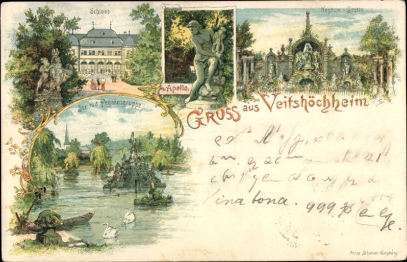 Chromo-Litho Veitshöchheim in Lower Franconia, castle, Apollo, Neptune's grotto, lake, Pegasus group
