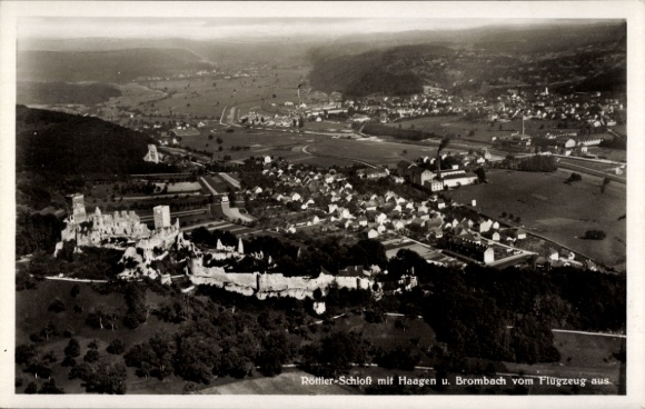 Postcard Rötteln Haagen Lörrach in Baden, castle ruin Rötteln, Röttler Castle, aerial photograph, Brombach