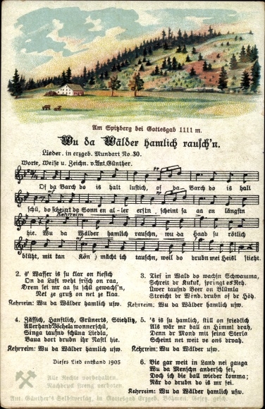 Song Postcard Günther, Anton, Wu de woods hamlich rausch&#39;n, Erzgebirge dialect No. 30, Spitzberg