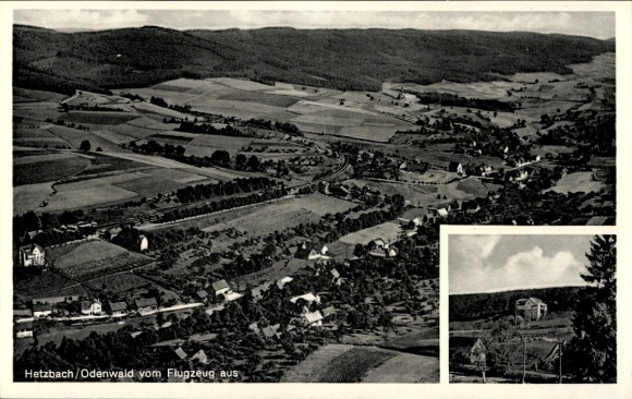 Postcard Hetzbach Oberzent in the Odenwald, Gasthaus zum Bahnhof, aerial photograph