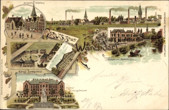 Litho Warendorf in Nordrhein Westfalen, Königliches Landesgestüt, Seminar, Klosterkirche, Markt