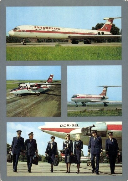 Postcard German passenger aircraft Ilyushin IL 62, Interflug, GDR SEL, pilots, stewardess