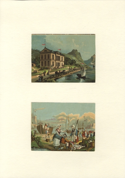 2 wafers landscape with house on the lake, harbor scene, each approx. 8 x 10 cm