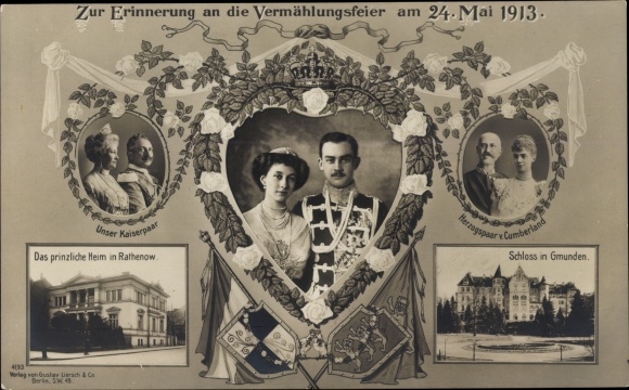 Ansichtkaart Duke Ernst August, Victoria Luise, keizerlijk paar, hertogelijk paar, huwelijk op 24 mei 1913, Gmunden