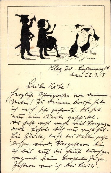 Paper cut artist Postcard Carus, children, trumpeter, geese
