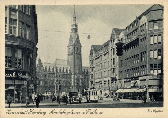 Postcard Hamburg, view of the town hall, Mönckebergstrasse