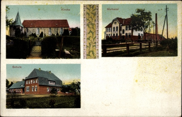 Postcard Tettens Wangerland Friesland, church, school, dairy