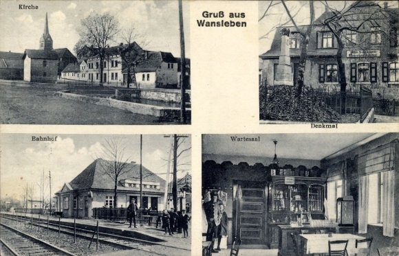 Ak Wansleben am See Mansfelder Land, Kirche, Bahnhof, Wartesaal, Denkmal