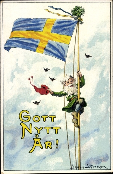 Artist Postcard Nyström, Jenny, God Nytt Ar, New Year, Dwarf on Flagpole, Swedish Flag