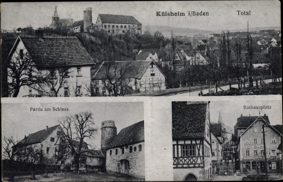 Postcard Külsheim in Baden, town hall square, section at the castle, total view