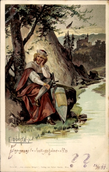 Kunstenaar litho Döcker, E., man met bord op een rivieroever