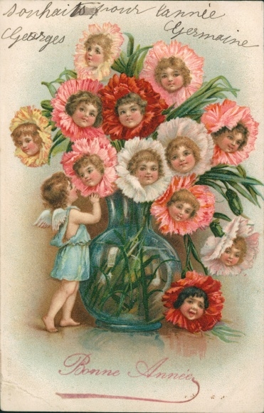 Chromo-Litho congratulations New Year, children's portrait, flower vase, angel