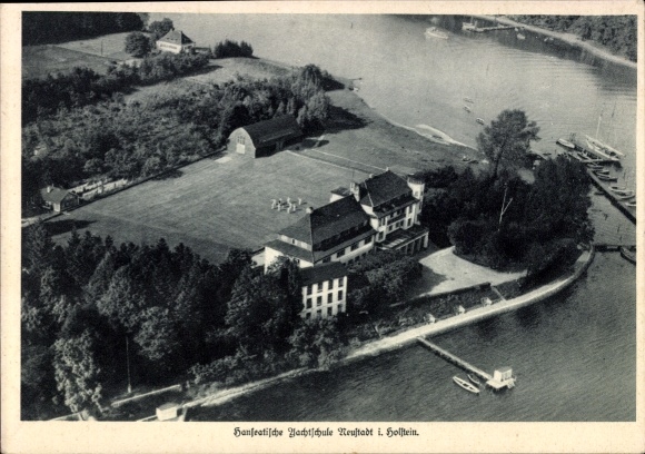 Postcard Neustadt in Holstein, aerial photograph, Hanseatic Night School, dense forest, water